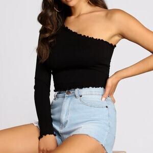 Windsor S Black Merrow Trim Frill Hem One Shoulder Long Sleeve Ribbed Crop Top